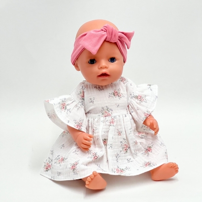 Sukienka muślinowa dla lalki Baby Born 43cm, biała w różowe kwiaty